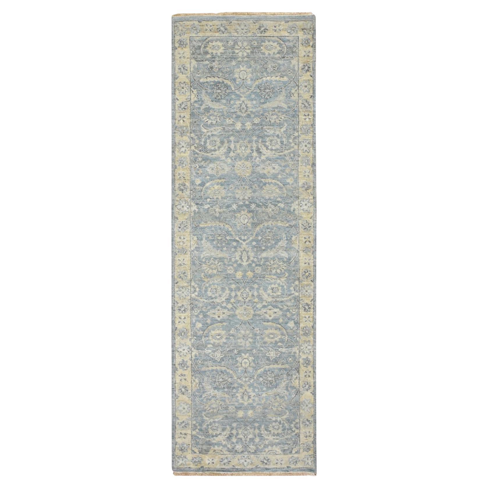 2
5"x7
10" Light Sky Blue Pure Wool Sickle Leaf Design Hand Knotted Runner Rug