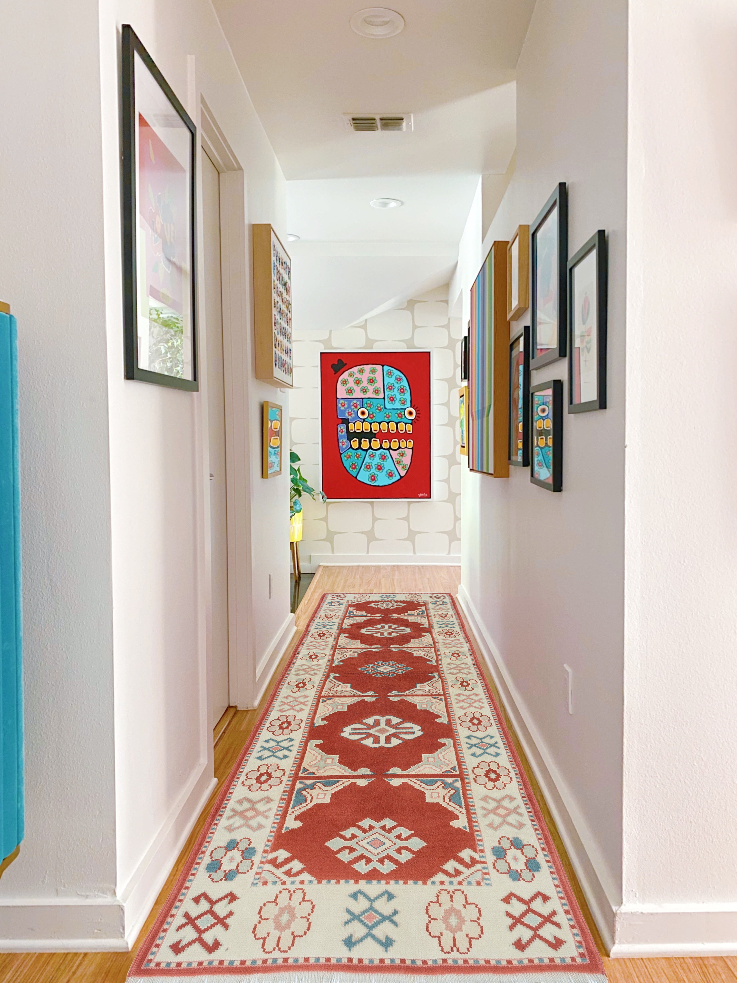 2.5x7.3 Ft Handmade Turkish Corridor Rug in Red and Beige, Wool Hallway Runner