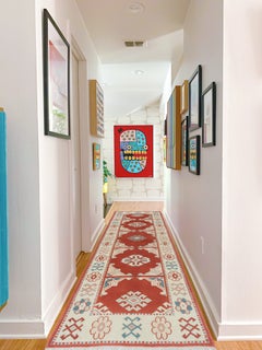 2.5x7.3 Ft Handmade Turkish Corridor Rug in Red and Beige, Wool Hallway Runner
