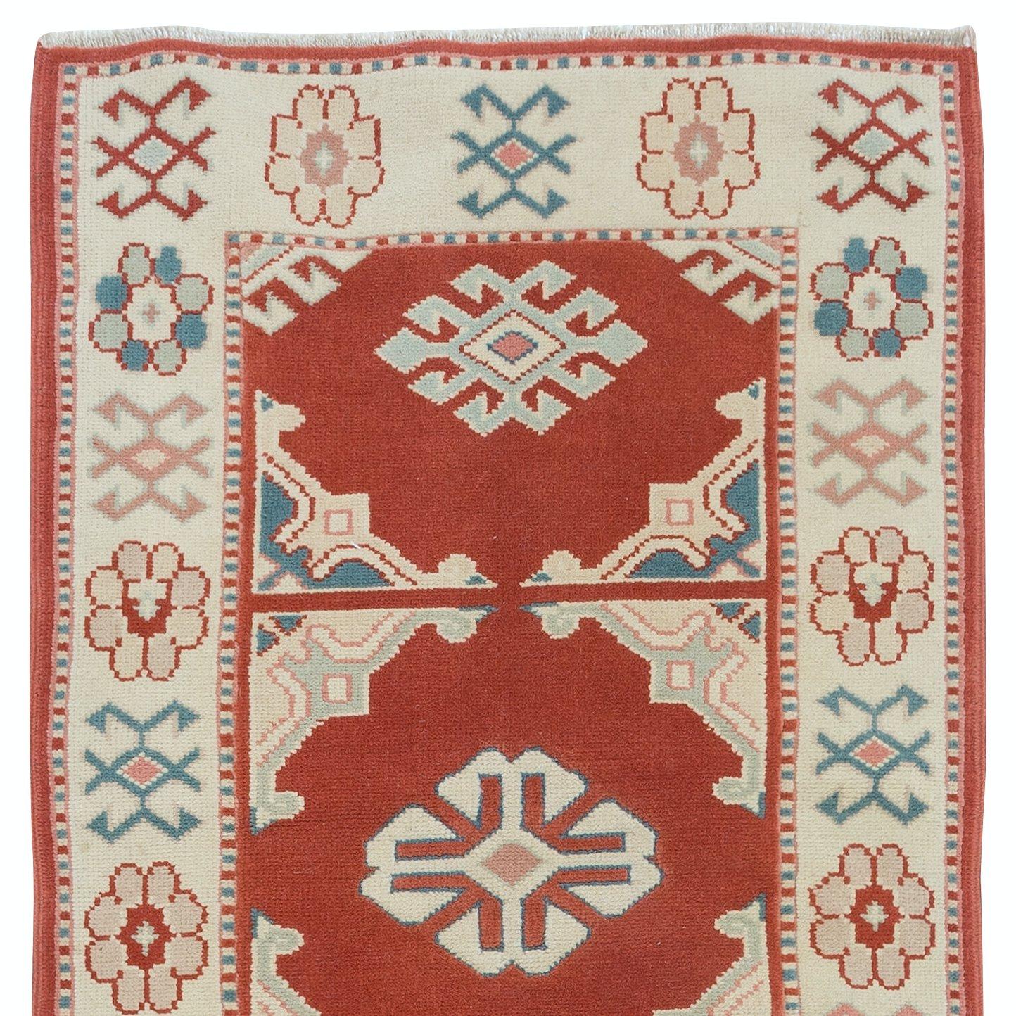 Hand-Knotted 2.5x7.3 Ft One of a Kind Turkish Rug in Red & Beige, Hallway Runner, 100% Wool For Sale