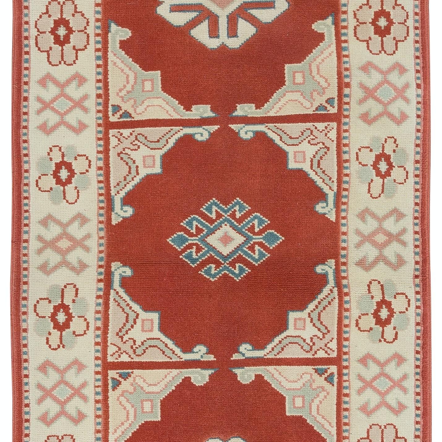 2.5x7.3 Ft One of a Kind Turkish Rug in Red & Beige, Hallway Runner, 100% Wool In Good Condition For Sale In Philadelphia, PA