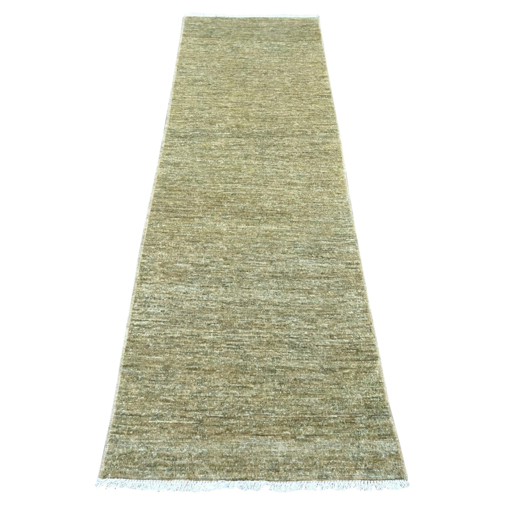 2'5"x7'6" Olive Green Plain Solid Pattern Hand Knotted Ghazni Wool Runner Rug For Sale