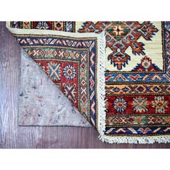 2'5"x7'7" Ivory Super Kazak with Medallions Design Hand Knotted Wool Runner Rug