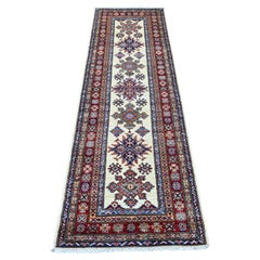 2'5"x7'7" Ivory Super Kazak with Medallions Design Hand Knotted Wool Runner Rug