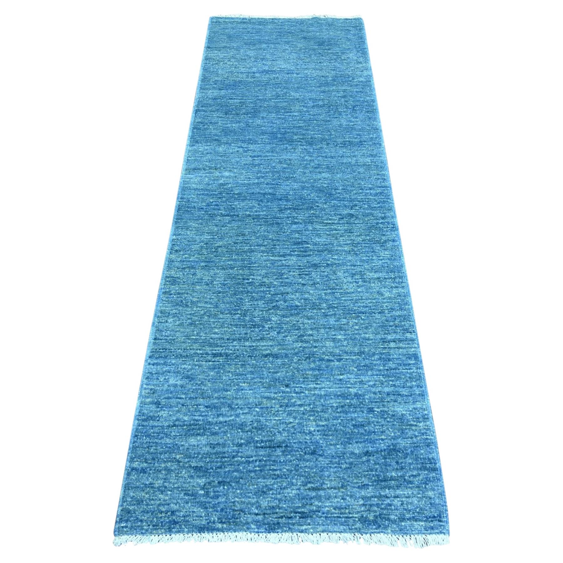 2'5"x7'9" Blue Plain Solid Pattern Hand Knotted Ghazni Wool Runner Oriental Rug