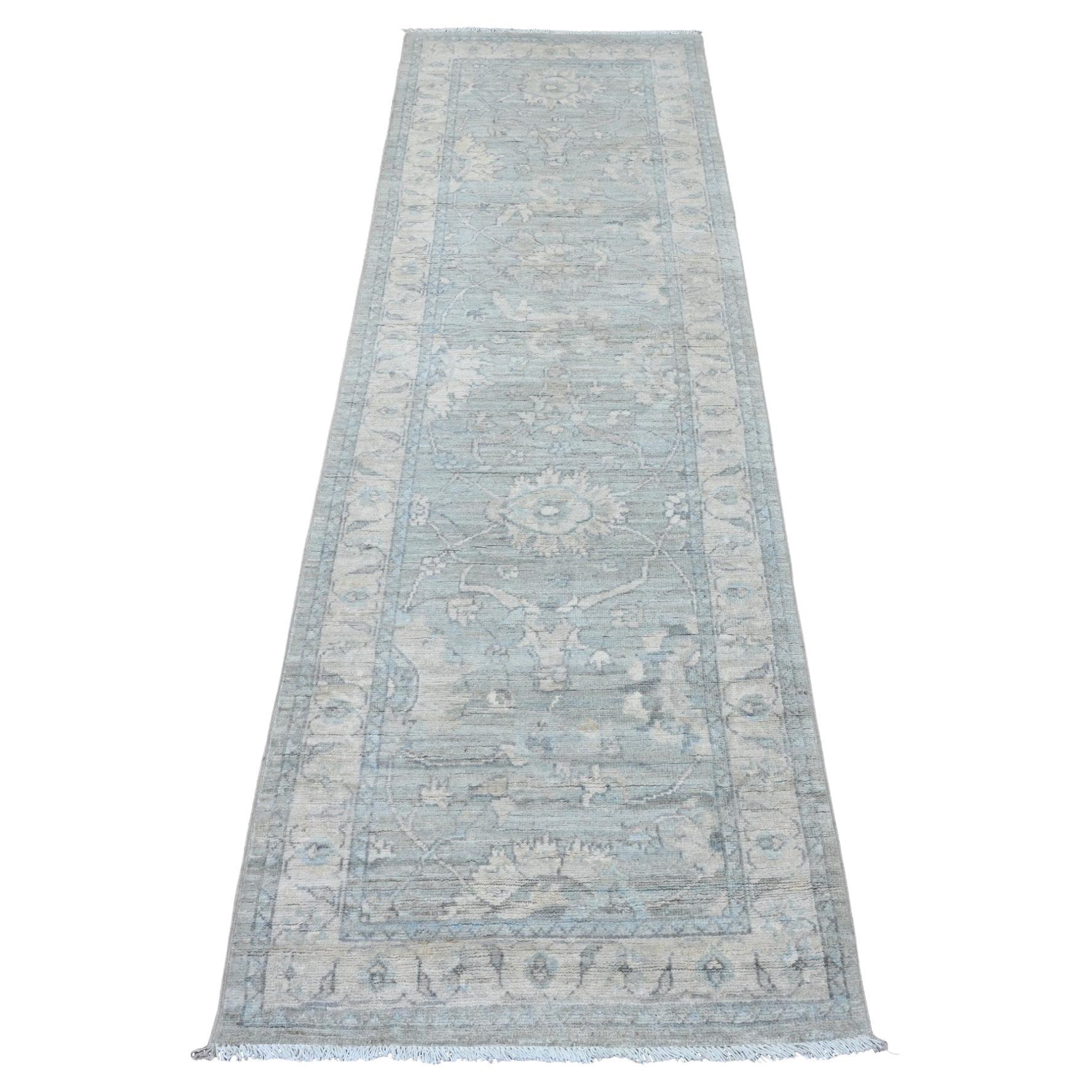 2'5 "x7'9" Graue ausgewaschene Peshawar Blatt-Muster Hand geknüpft alle Wolle Läufer Teppich
