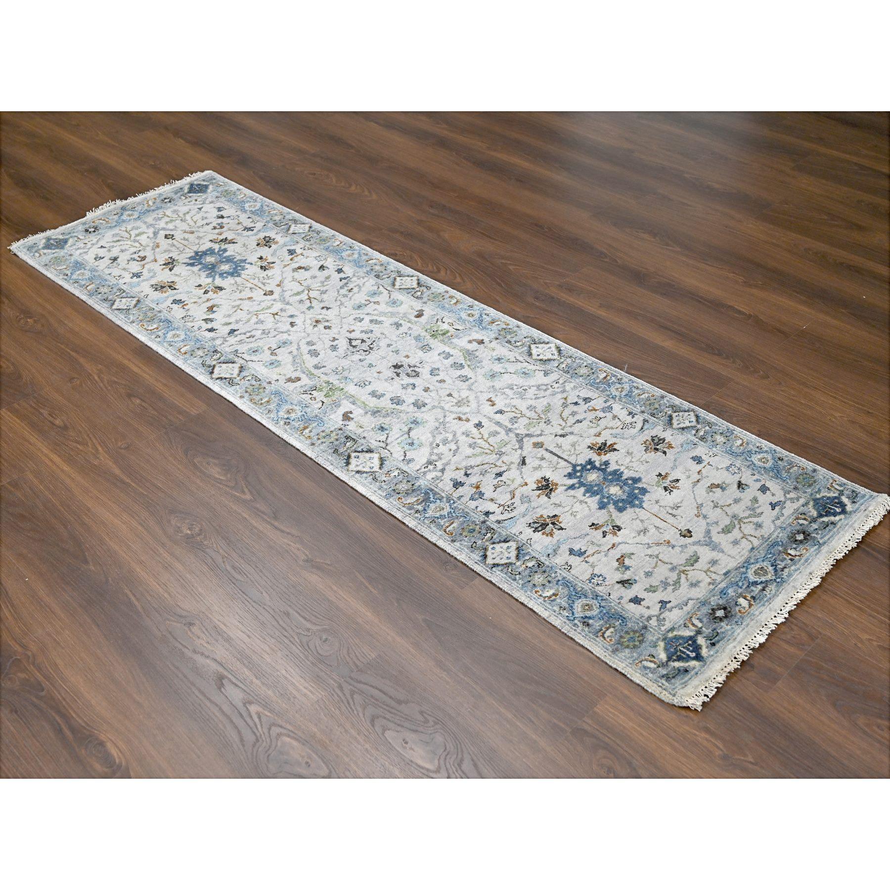 Pearl White, Denser Weave, Oushak with Floral Motifs, Pure Wool, Hand Knotted, Runner, Oriental Rug
Primary materials: Wool
Latex: No Pile 
height: 0.25 Inches
Style: Transitional
Primary color: Ivory
Secondary colors: Violet, Orange, Green, Light