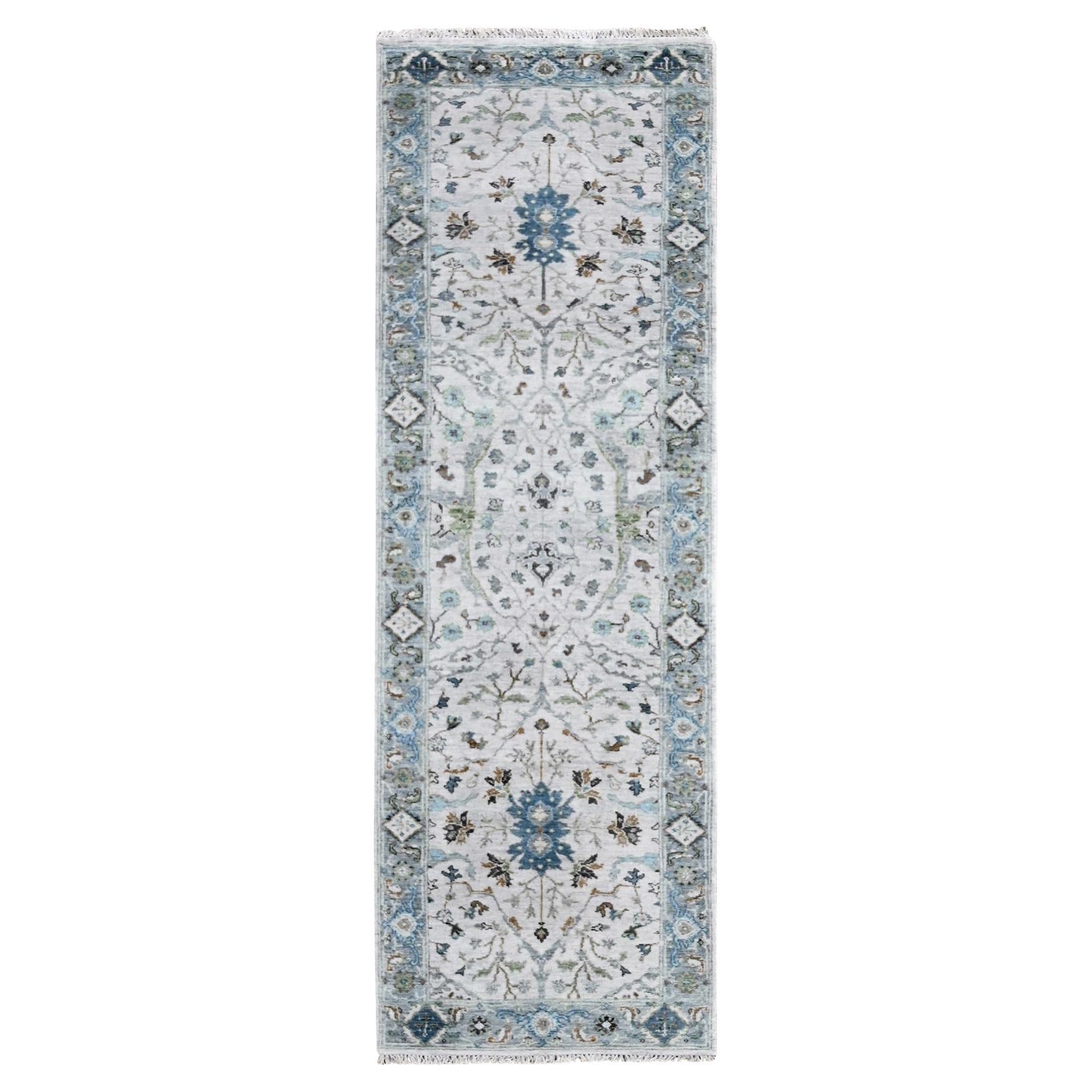 2'5"x7'9" Ivory Denser Weave Oushak with Floral Motifs All Wool Hand Knotted Rug For Sale