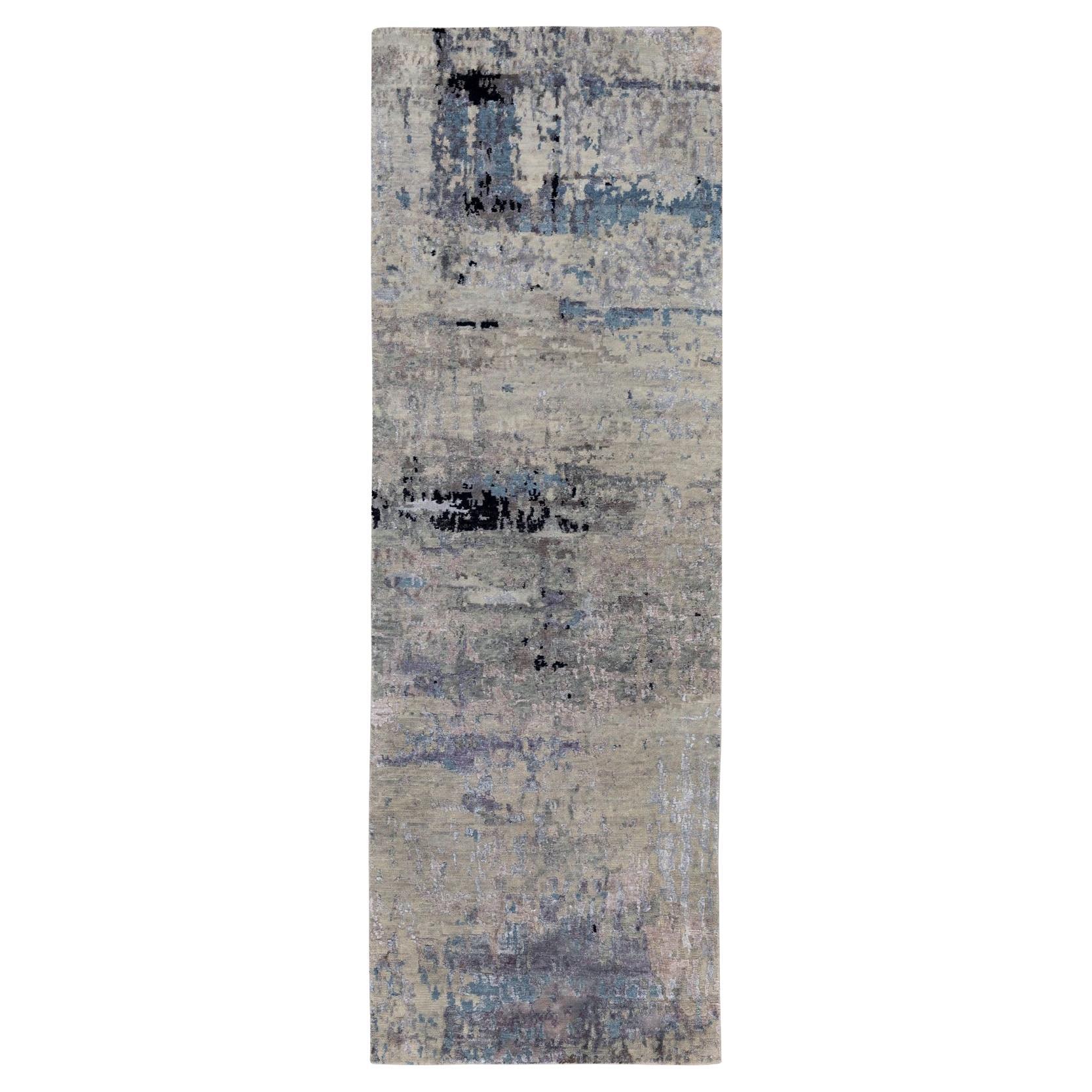 2'5"x7'9" Wool & Silk Abstract Design Modern Silver Blue Handknotted Runner Rug
