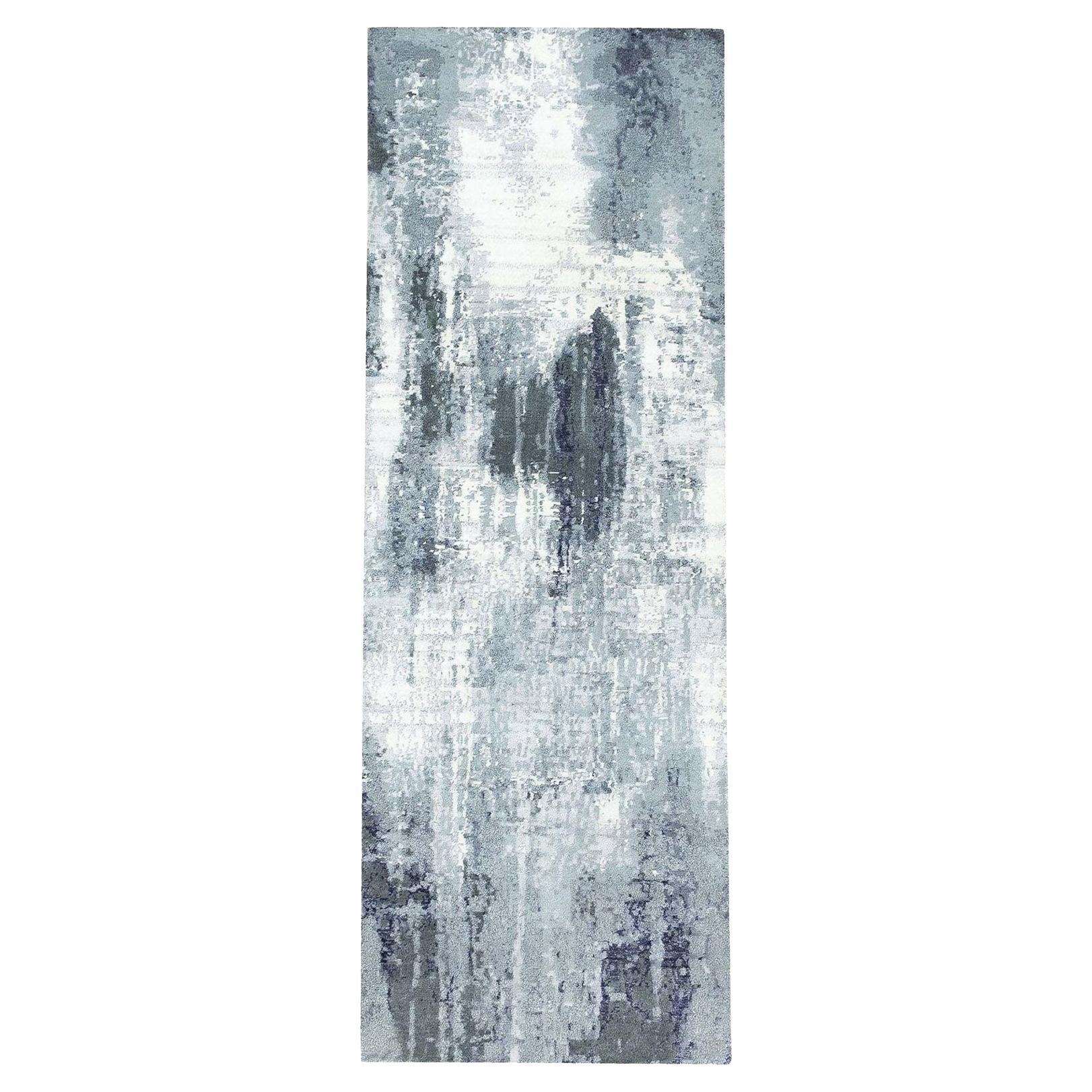 2'5"x8' Black Abstract Design Wool & Silk Hand Knotted Oriental Runner Rug