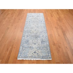2'5"x8' Distressed Oushak Pure Silk with Textured Wool Runner Hand Knotted Rug