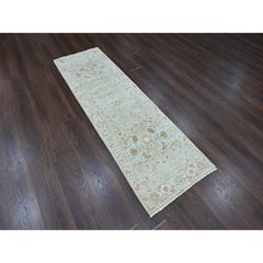 2'5"x8' Green Oushak with Floral Motifs Hand Knotted Pure Wool Runner Rug