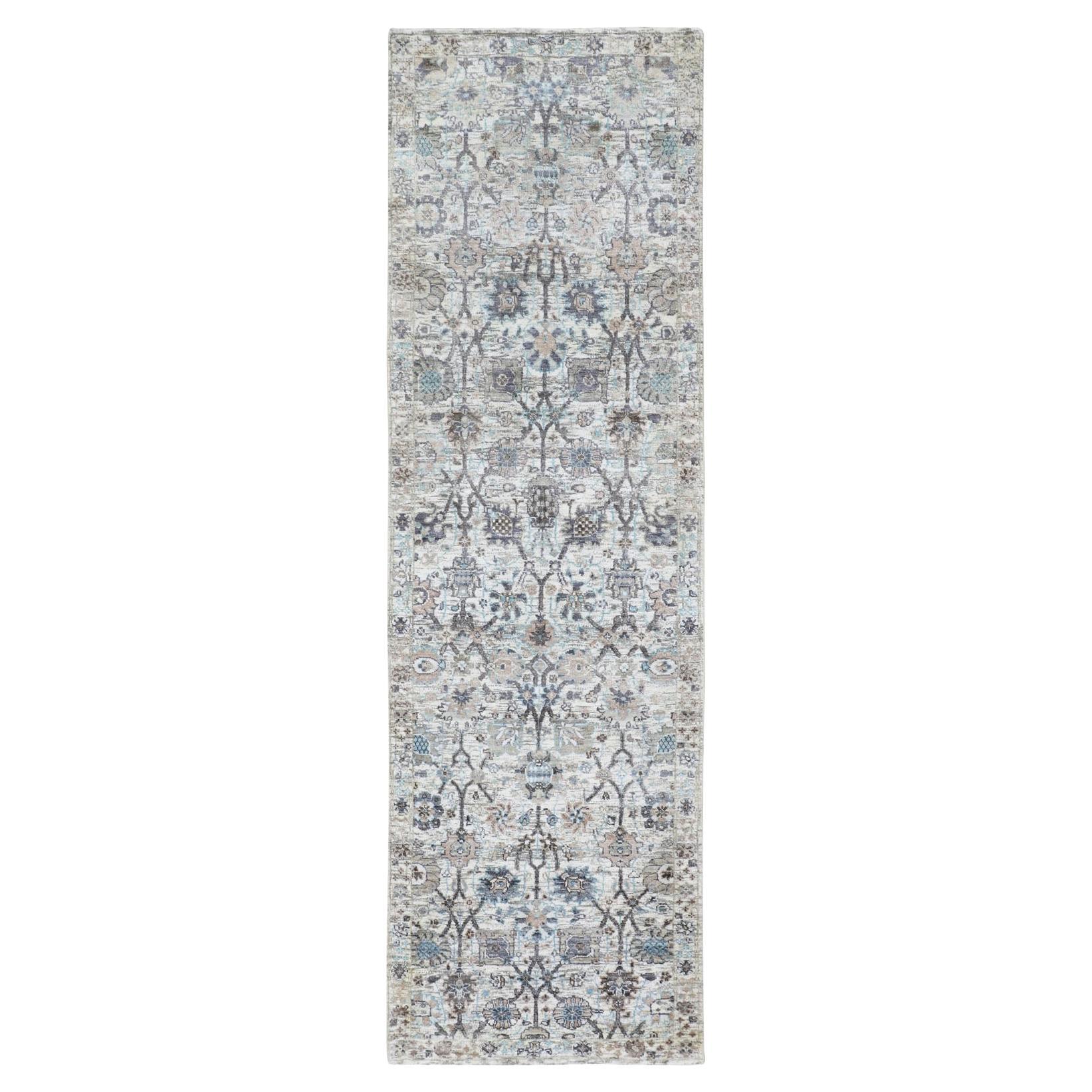 2'5"x8' Ivory Silk with Textured Wool Tabriz Runner Hand Knotted Oriental Rug For Sale