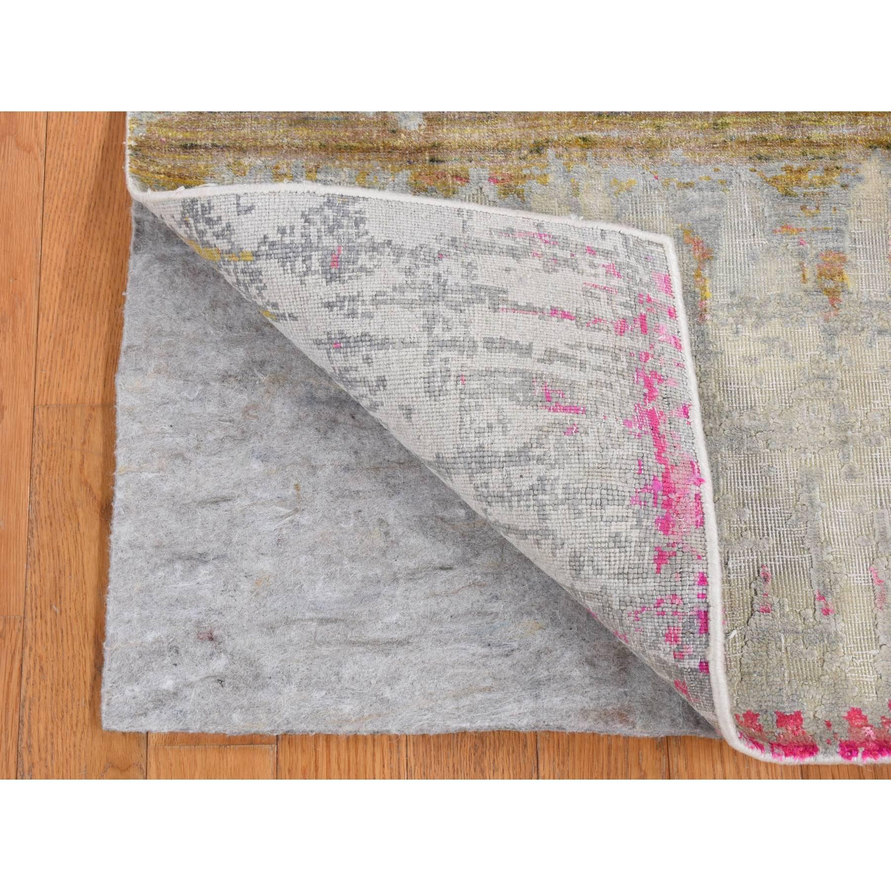 Medium Gray, THE CARDIAC, Sari Silk with Textured Wool, Handmade, Runner Oriental Rug
Primary materials: Wool & Silk
Latex: No Pile 
height: 0.25 Inches
Style: Transitional
Primary color: Grey
Secondary colors: Goldenrod, Black, Blue, Red, Space