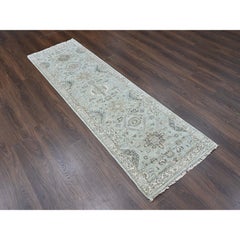 2'5"x8'1" Greenish Gray Karajeh Medallions Design Hand Knotted Wool Runner Rug