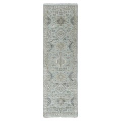 2'5"x8'1" Greenish Gray Karajeh Medallions Design Hand Knotted Wool Runner Rug