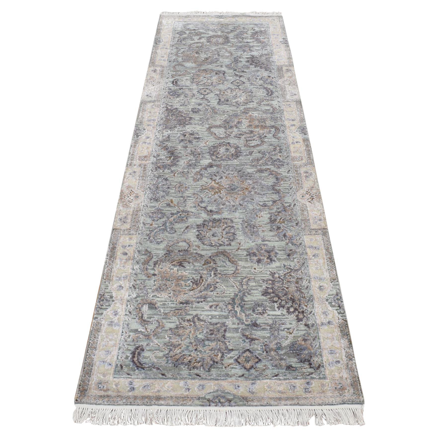 2'5 "x8'1" Laurel Verde Seda con Lana Diseño Mogol Alfombra de Corredor Anudada a Mano