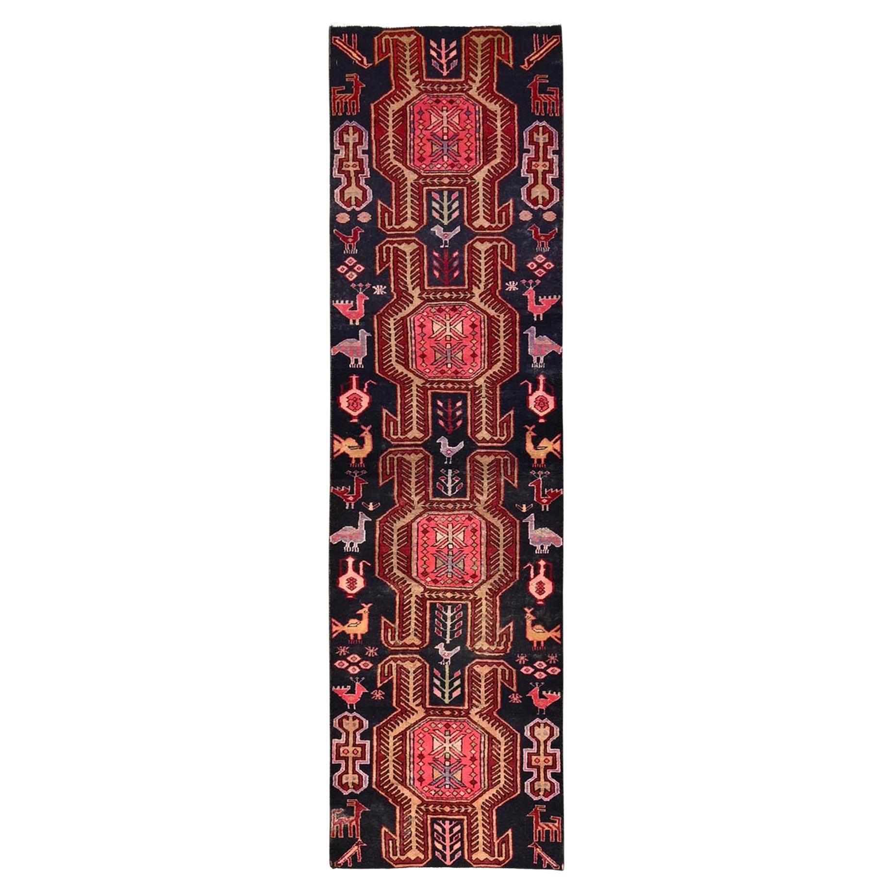 2
5"x8
10" Black Vintage Persian with Birds Design Hand Knotted Wool Runner Rug For Sale