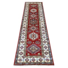 2'5"x8'2" Red Afghan Super Kazak Medallions Design Wool Hand Knotted Runner Rug