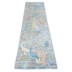 2'5 "x8'3" Cadet Gray Birds of Paradise Tapis rond en laine naturelle nouée à la main