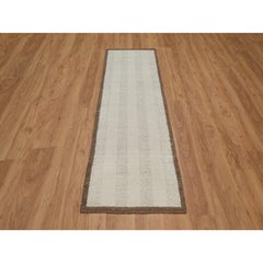 2'5"x8'3" Ivory Modern Vertical Stripes Design Wool Hand Knotted Wool Runner Rug
