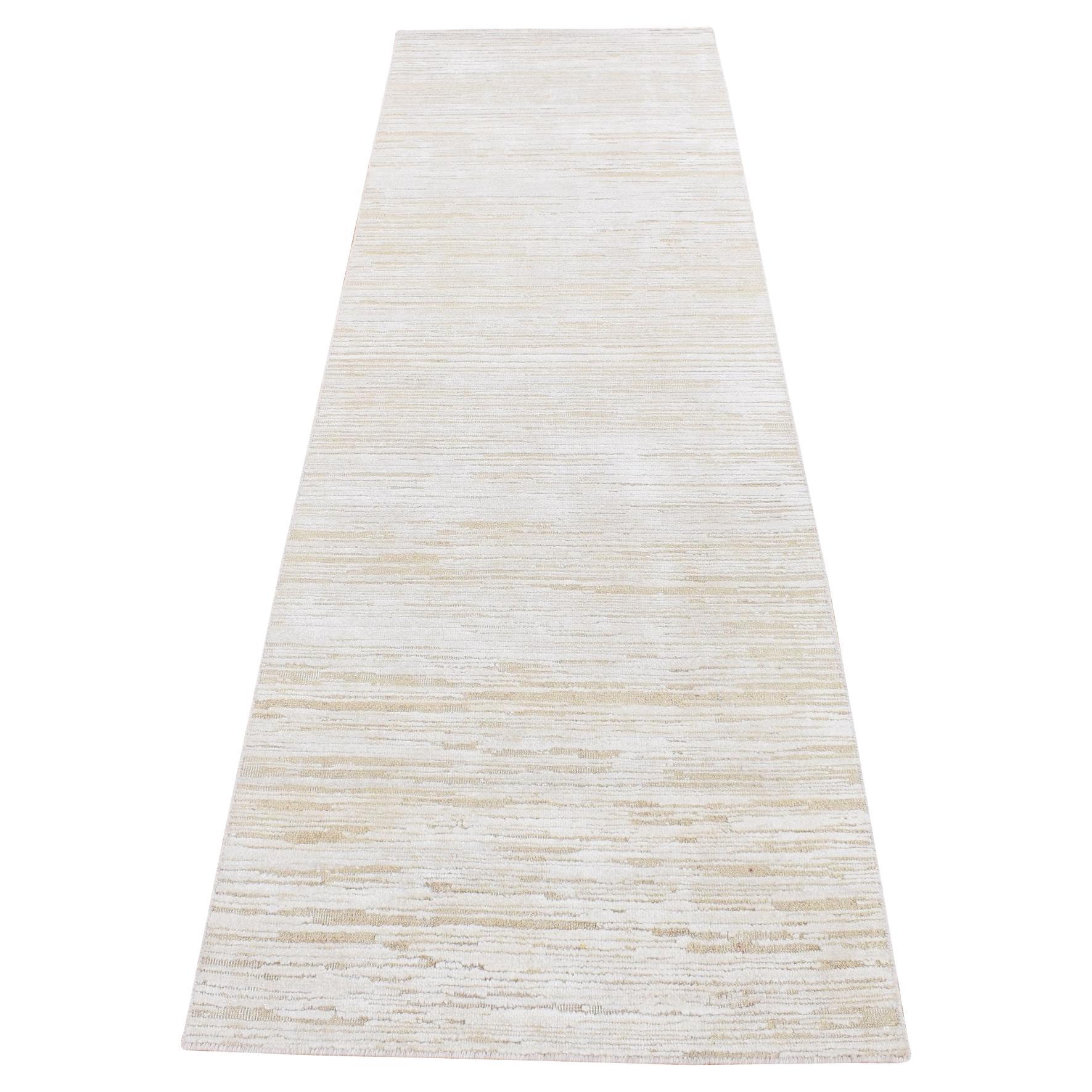 2'5"x8'3" Ivory Silk with Wool Striae Design Hand Knotted Runner Rug