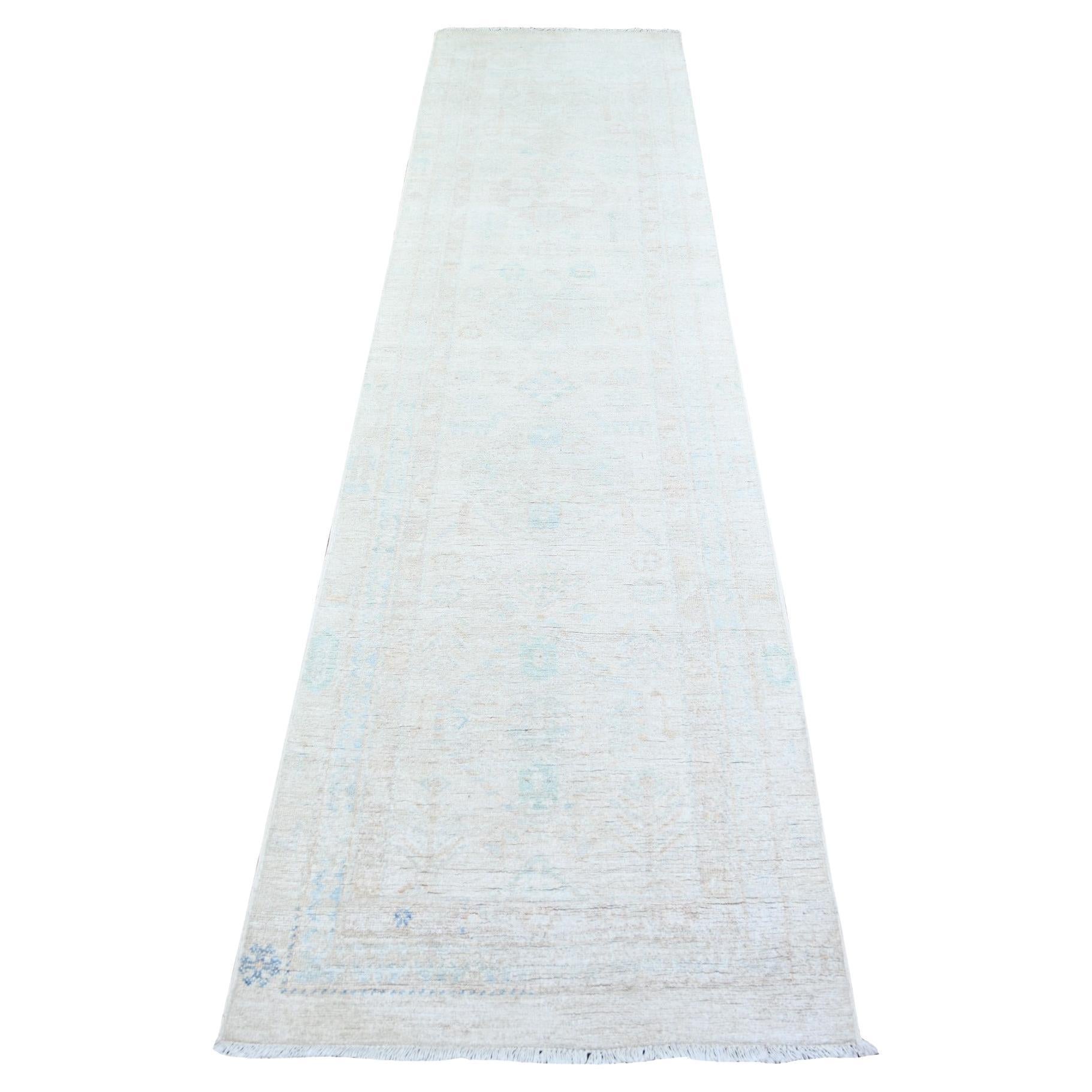 2'5"x8'5" Swan White Washed Out Peshawar Wool Hand Knotted Runner Oriental Rug For Sale