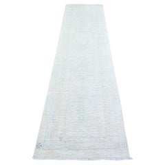 2'5"x8'5" Swan White Washed Out Peshawar Wool Hand Knotted Runner Oriental Rug