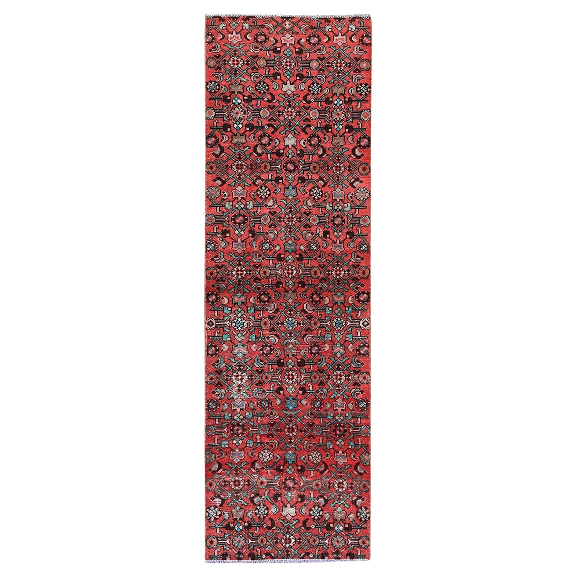 Tappeto orientale rosso vintage persiano Hussainabad annodato a mano con lana, 2'5 "x8'8"