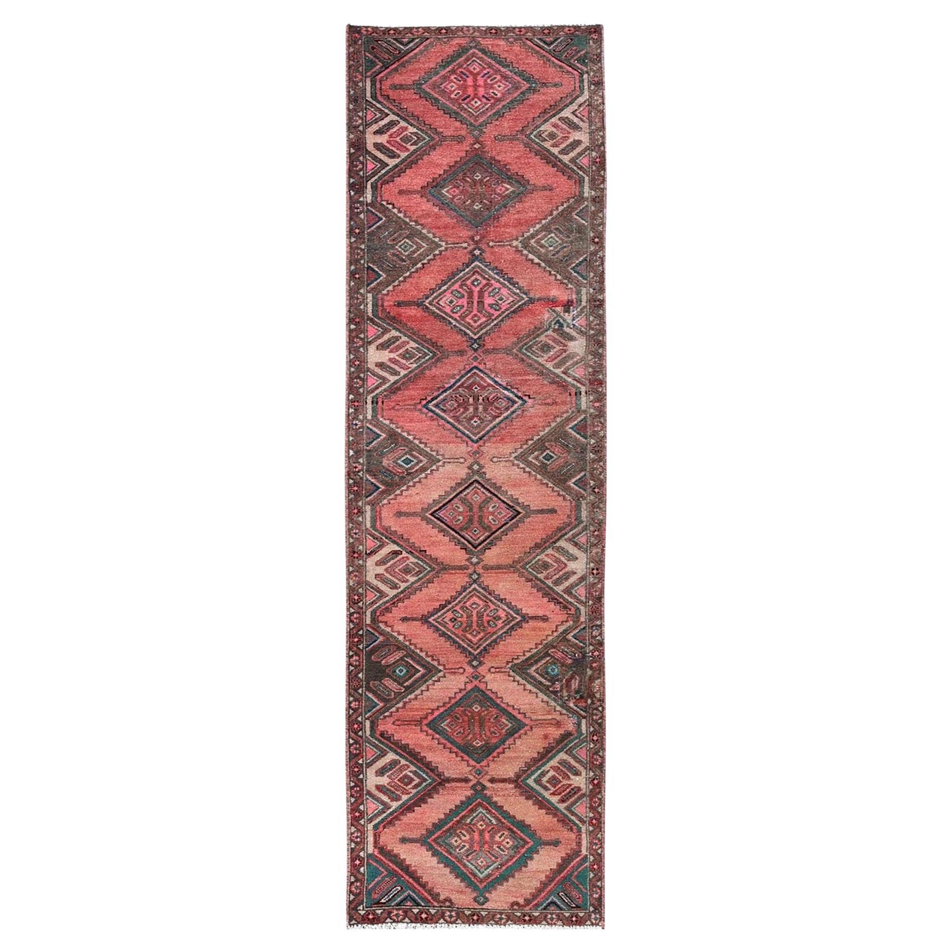 2'5"x9'1" Koralle Rot Vintage Persischer Hamadan Handgeknüpfter Läufer aus reiner Wolle