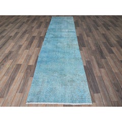 2'5"x9'10" Blue Overdyed Vintage Persian Tabriz Hand Knotted Wool Runner Rug