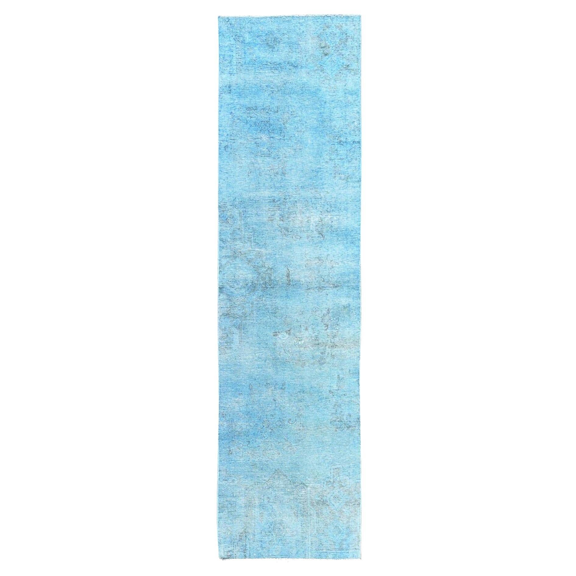 Tapis de couloir persan Tabriz vintage bleu, noué à la main, 2'5"x9'10"