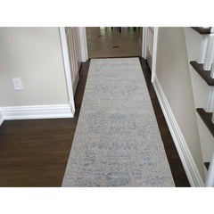 2'5"x9'10" Jacquard Hand-Loomed Silken Grey Broken Persian Heriz Design Rug