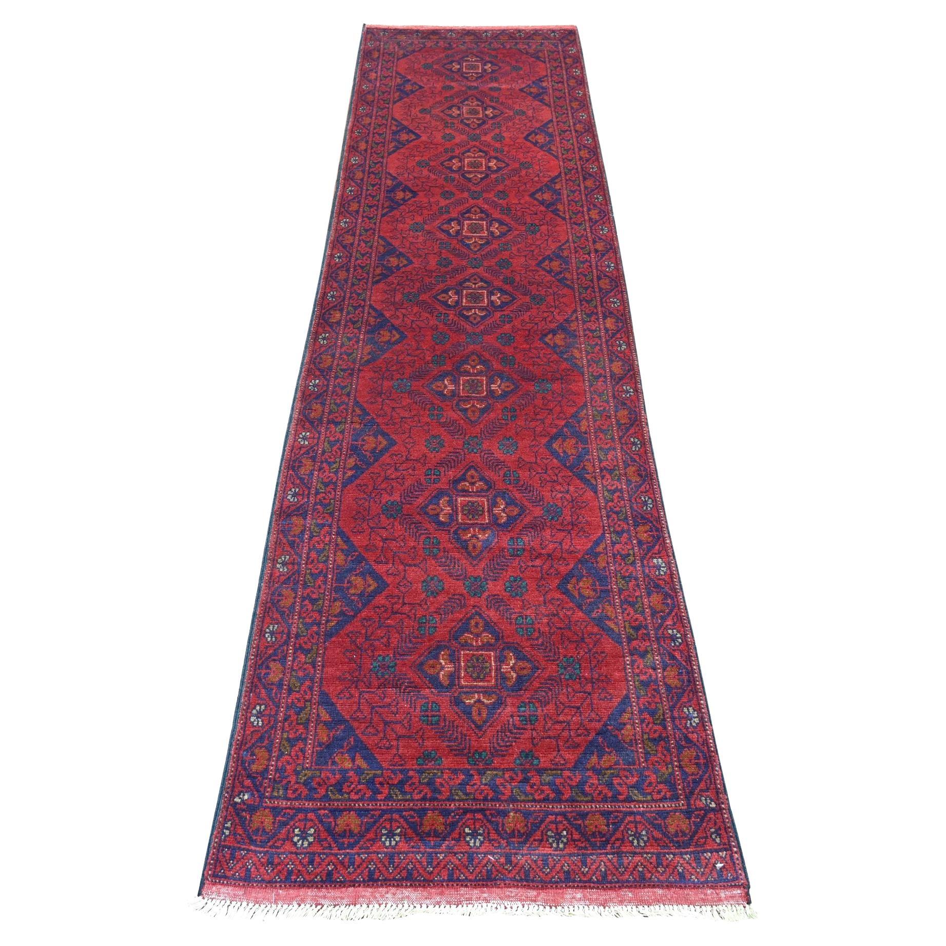 2'5"x9'3" Red Afghan Andkhoy Geometric Pattern Soft Wool Hand Knotted Runner Rug For Sale