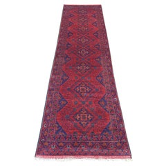 2'5"x9'3" Red Afghan Andkhoy Geometric Pattern Soft Wool Hand Knotted Runner Rug
