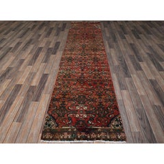 2'5"x9'4" Brick Red Vintage Persian Hamadan Hand Knotted Pure Wool Runner Rug