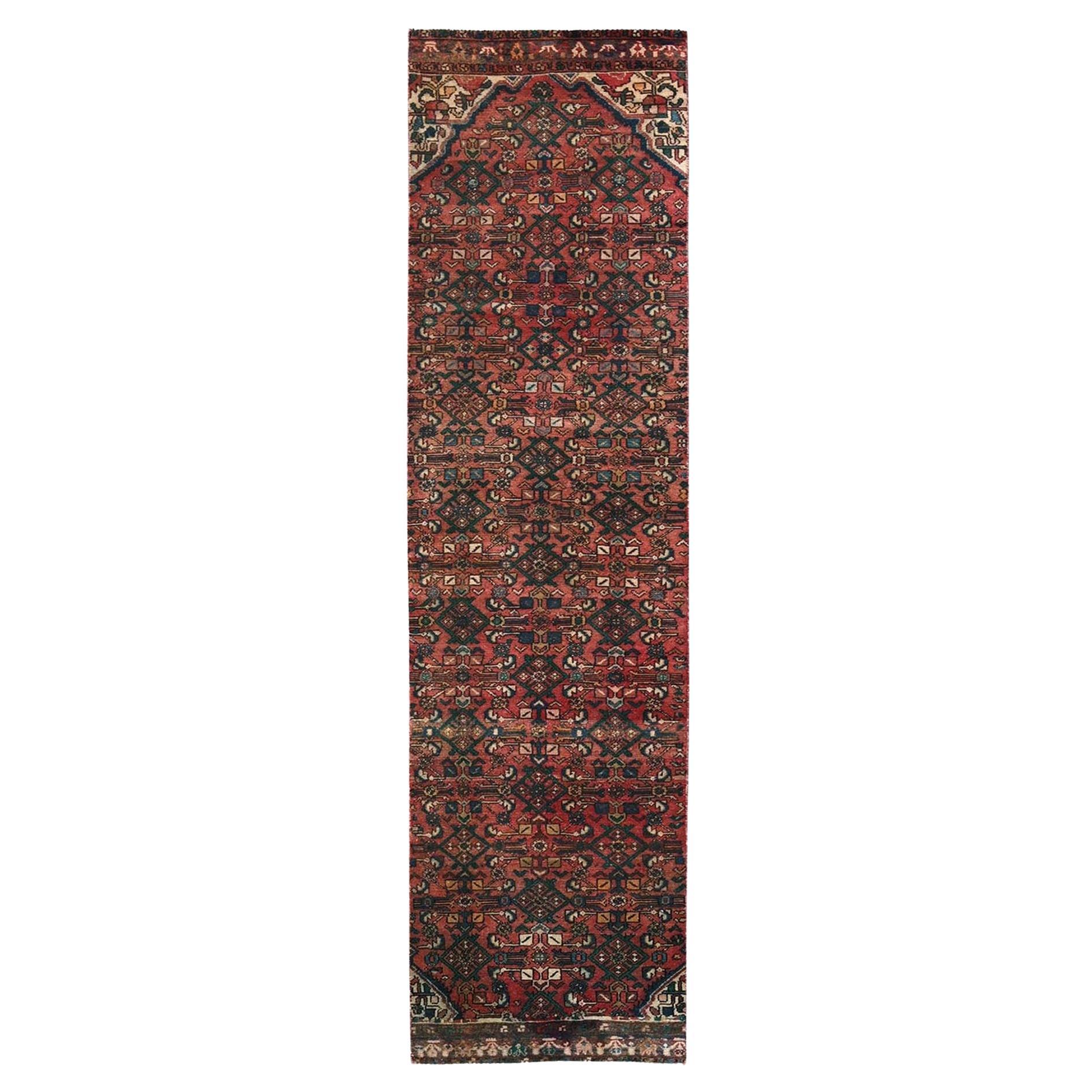 2'5"x9'4" Ziegelroter persischer Hamadan-Läufer aus reiner Wolle, handgeknüpft, Vintage