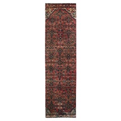 2'5"x9'4" Brick Red Vintage Persian Hamadan Hand Knotted Pure Wool Runner Rug