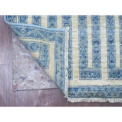 2'5"x9'5" Blue Fine Peshawar with Maze Design Hand Knotted Soft Wool Runner Rug