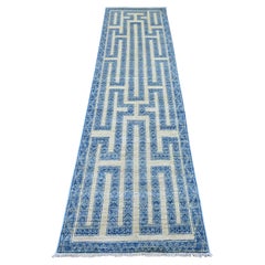 2'5"x9'5" Blue Fine Peshawar with Maze Design Hand Knotted Soft Wool Runner Rug