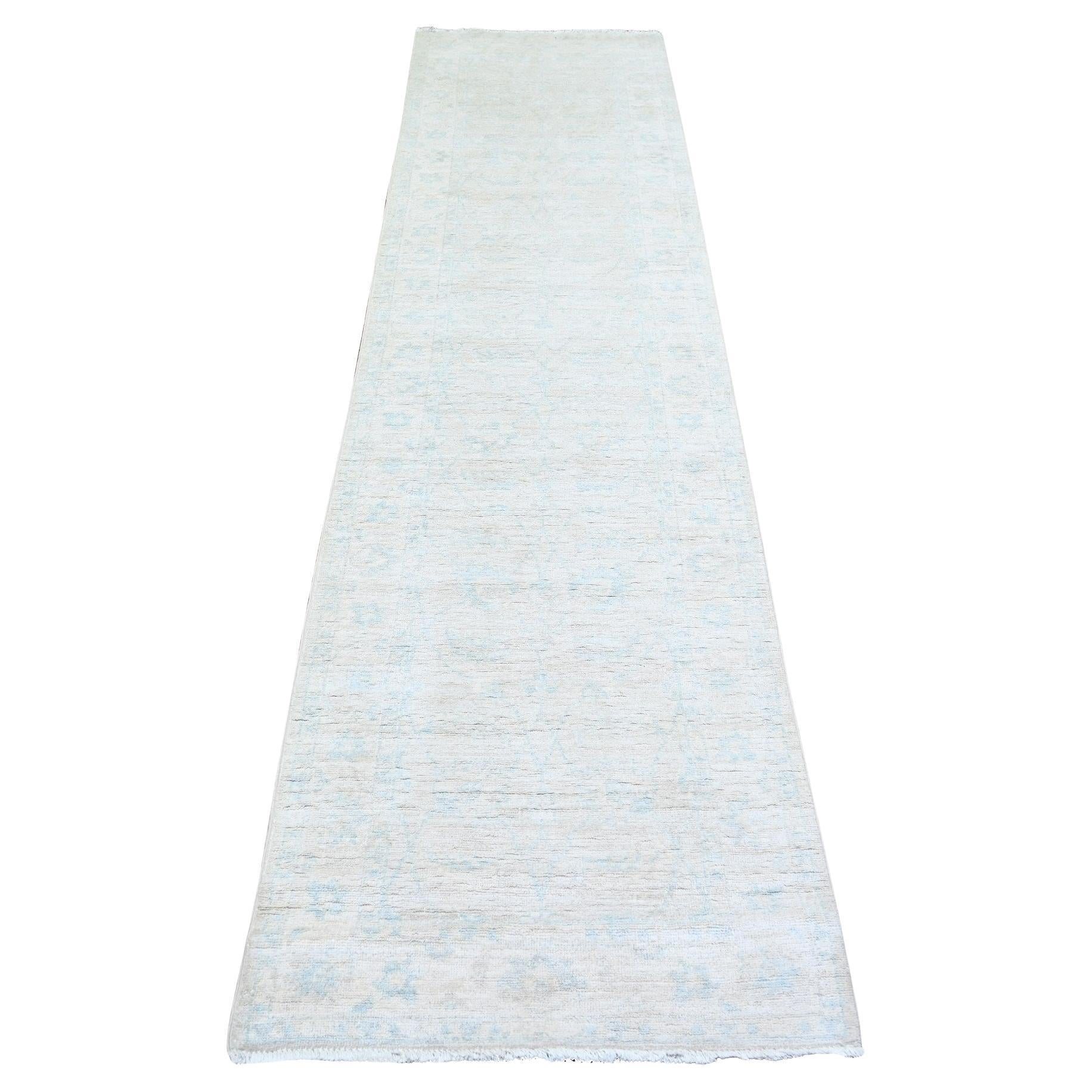 2'5"x9'6" Delicate White Washed Out Peshawar Wool Hand Knotted Runner Rug