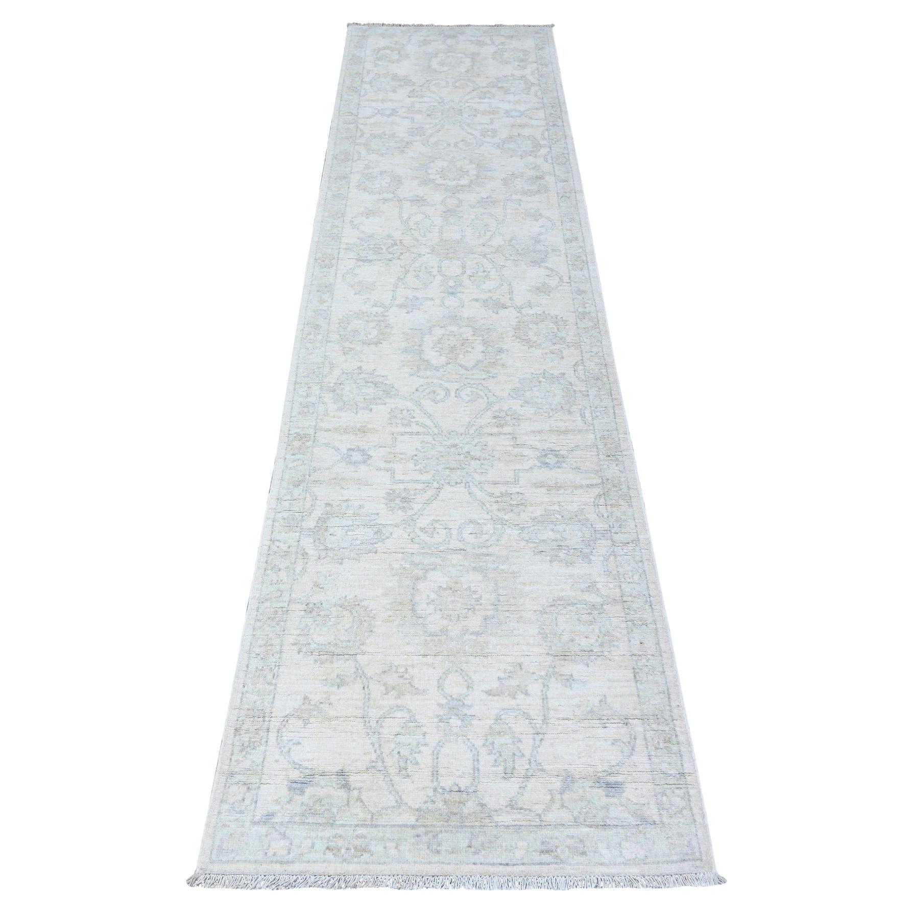 2'5"x9'6" Dove White Hand Knotted Wool White Wash Peshawar Runner Rug