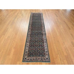 2'5"x9'6" Forest Green Vintage Indo Bijar Herat Hand Knotted Wool Runner Rug