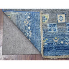 2'5"x9'7" Denim Blue Hand Knotted Kashkuli Gabbeh Pure Velvety Wool Rug