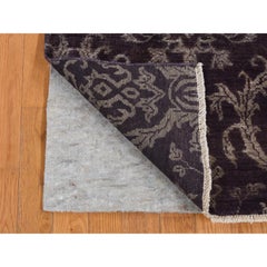 2'5"x9'8" Brown Damask Tone on Tone Wool and Silk Hand Knotted Runner Rug