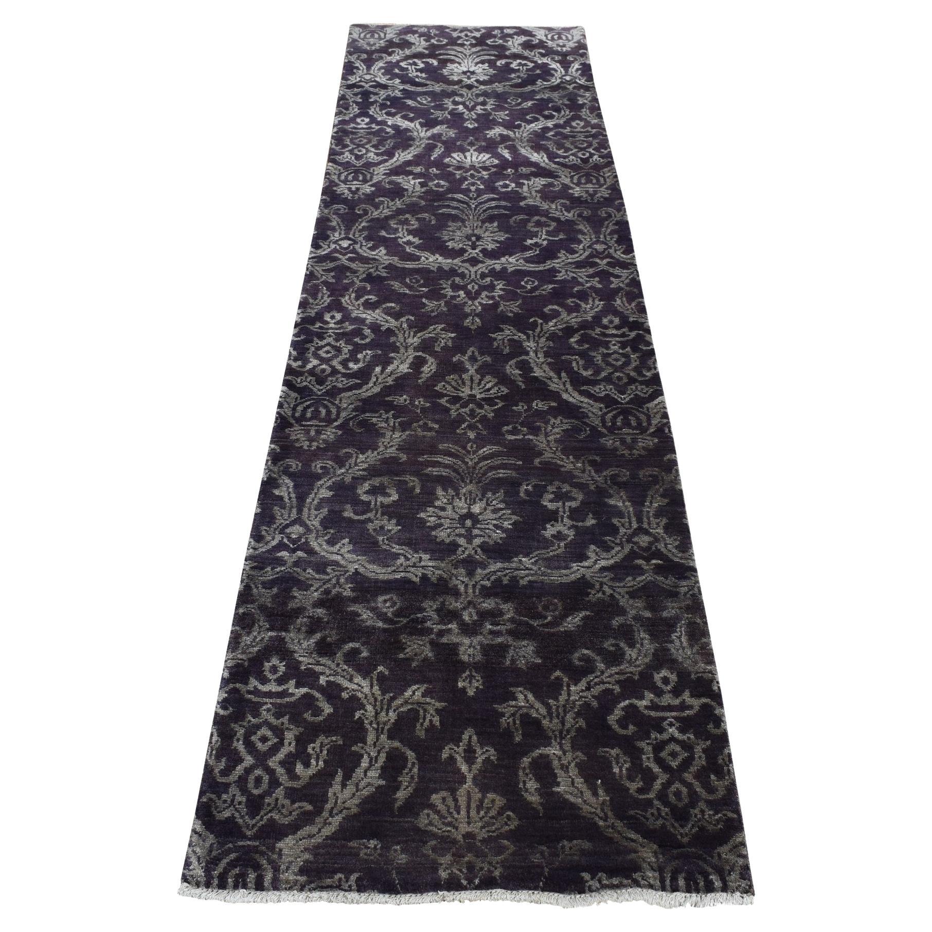 2'5"x9'8" Brown Damask Tone on Tone Wool and Silk Hand Knotted Runner Rug For Sale