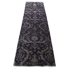2'5"x9'8" Brown Damask Tone on Tone Wool and Silk Hand Knotted Runner Rug