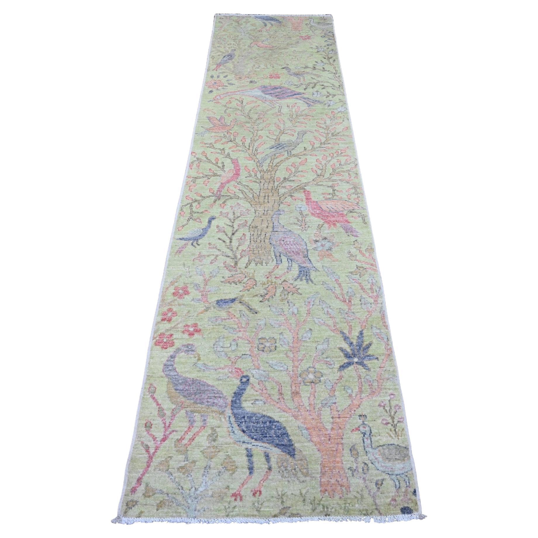 2'5"x9'9" Green Peshawar Birds of Paradise Design Hand Knotted Wool Runner Rug