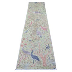 2'5"x9'9" Green Peshawar Birds of Paradise Design Hand Knotted Wool Runner Rug