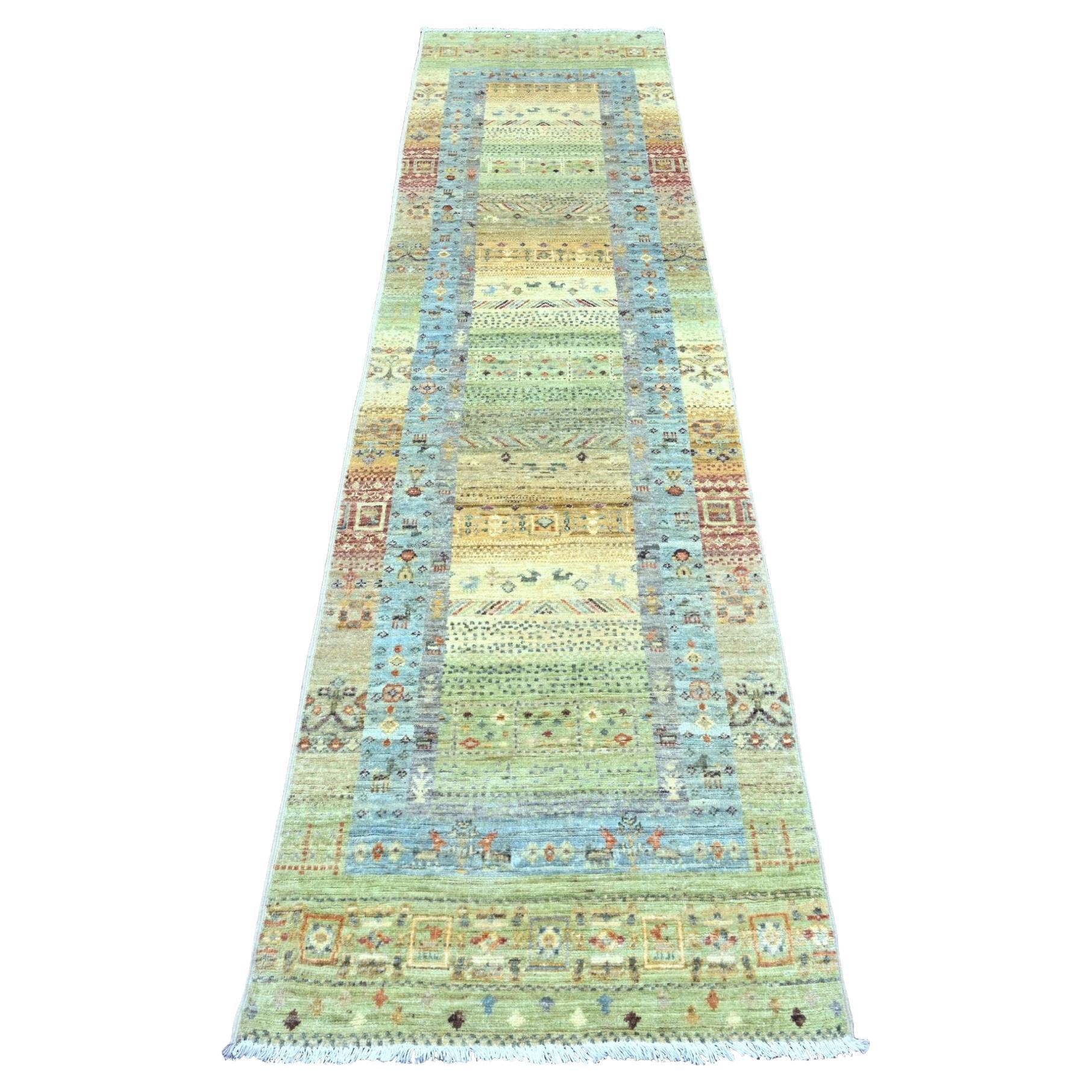 2
5 "x9
9" Olivgrüner handgeknüpfter feiner Kashkuli Gabbeh Läufer aus weicher Wolle